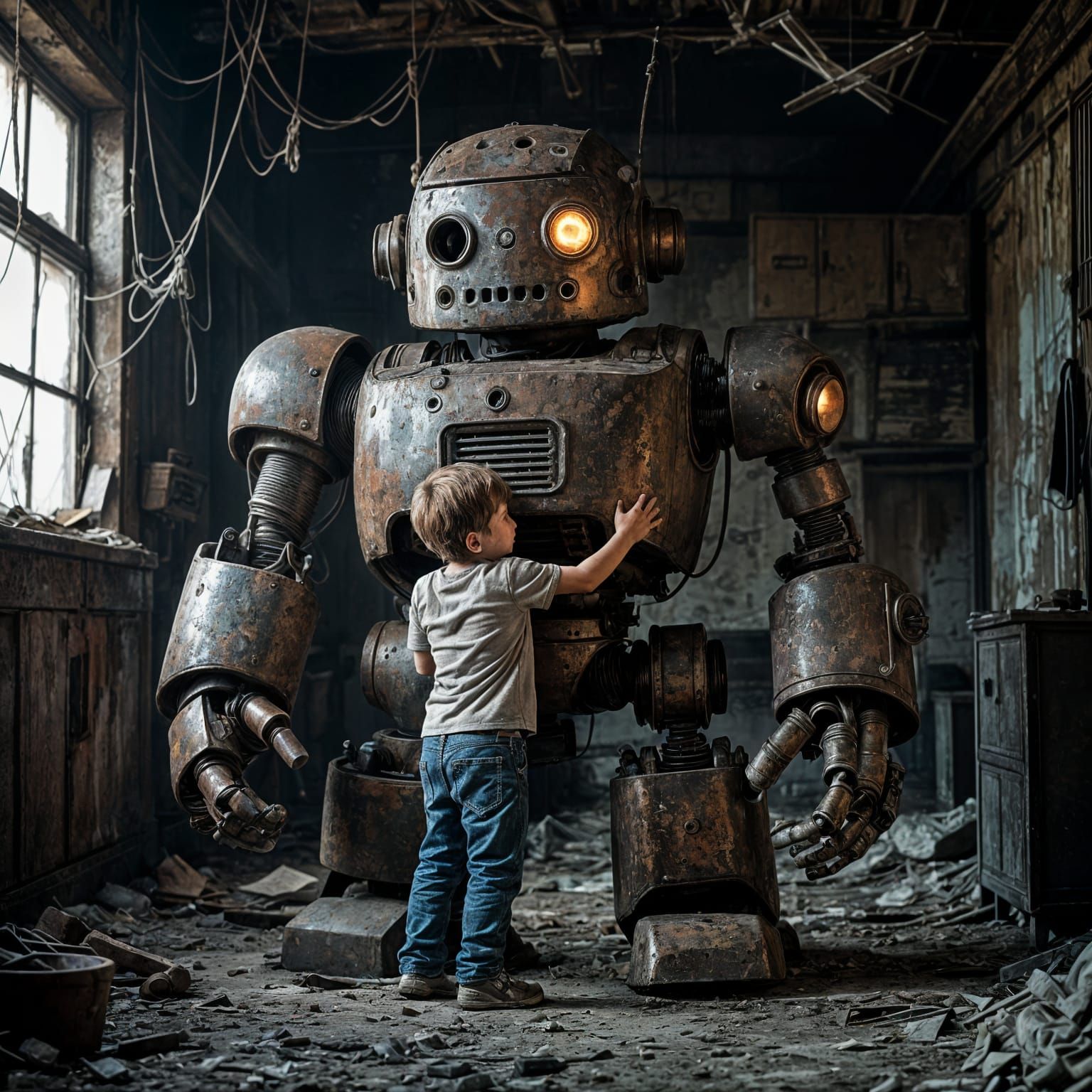 Boy Hugs Rusty Robot in Dusty Room