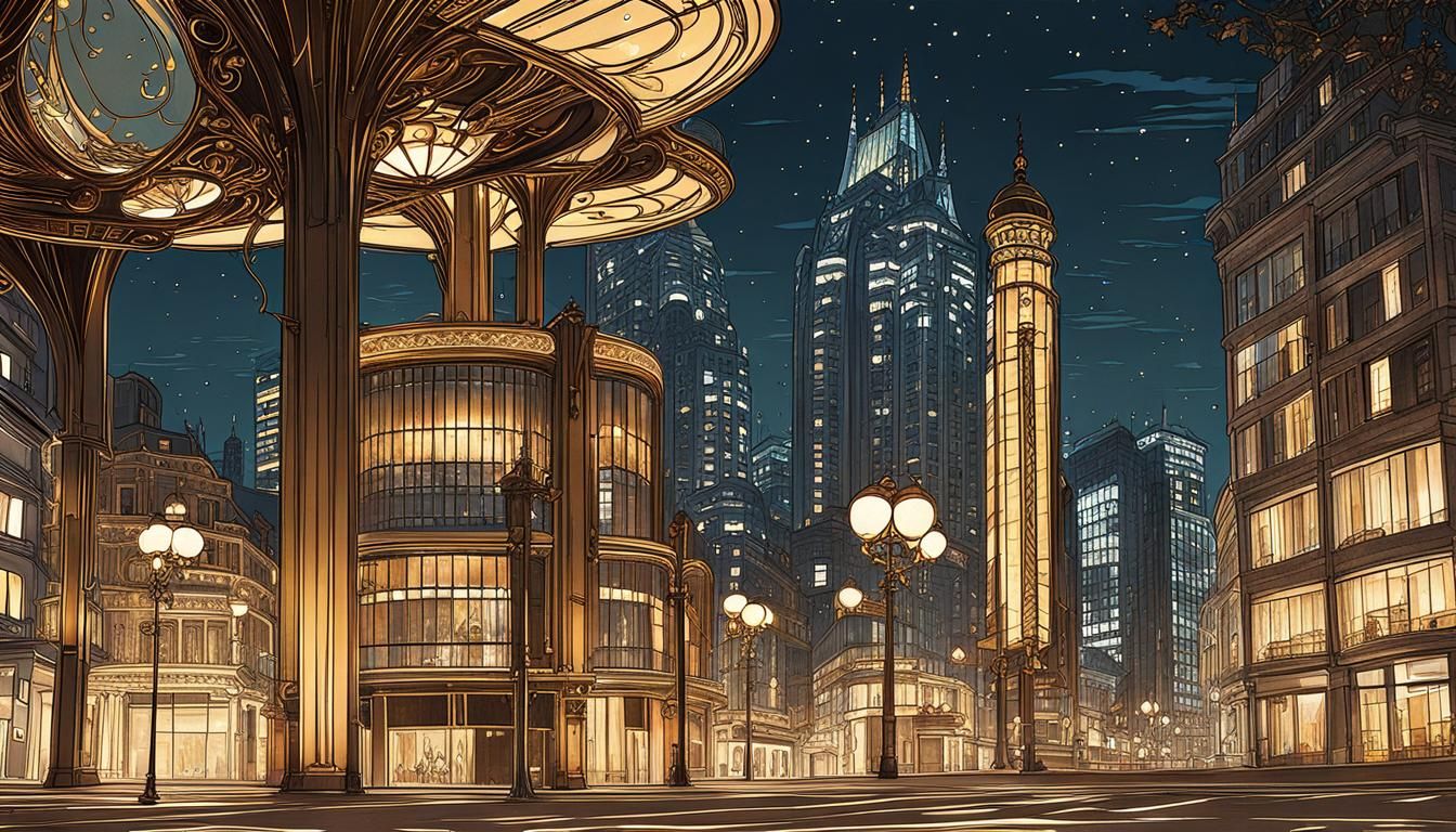 Night Cityscape: Art Nouveau and Modern Architecture