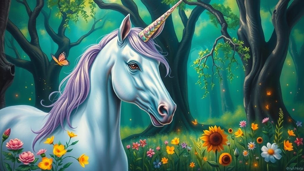 Unicorn in Emerald Forest: Oil Painting Fantasy