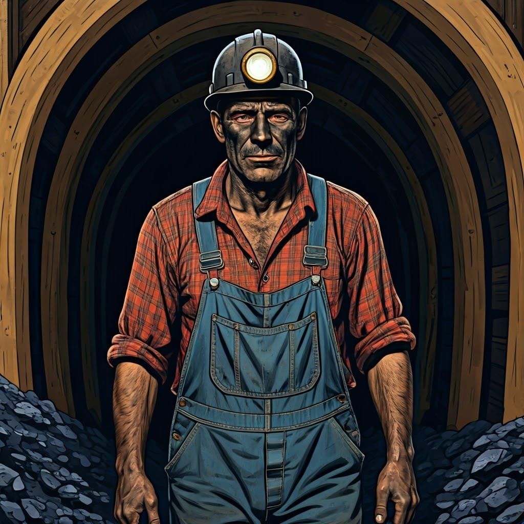Coal Miner Exits Dark Tunnel, Face and Clothes Covered in Du...