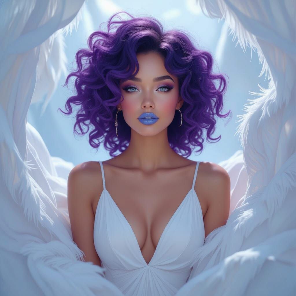 Woman with Purple Hair in Dreamlike Setting