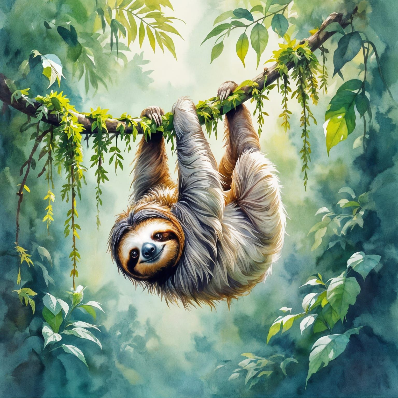 Detailed Watercolour of a 3-Toed Sloth