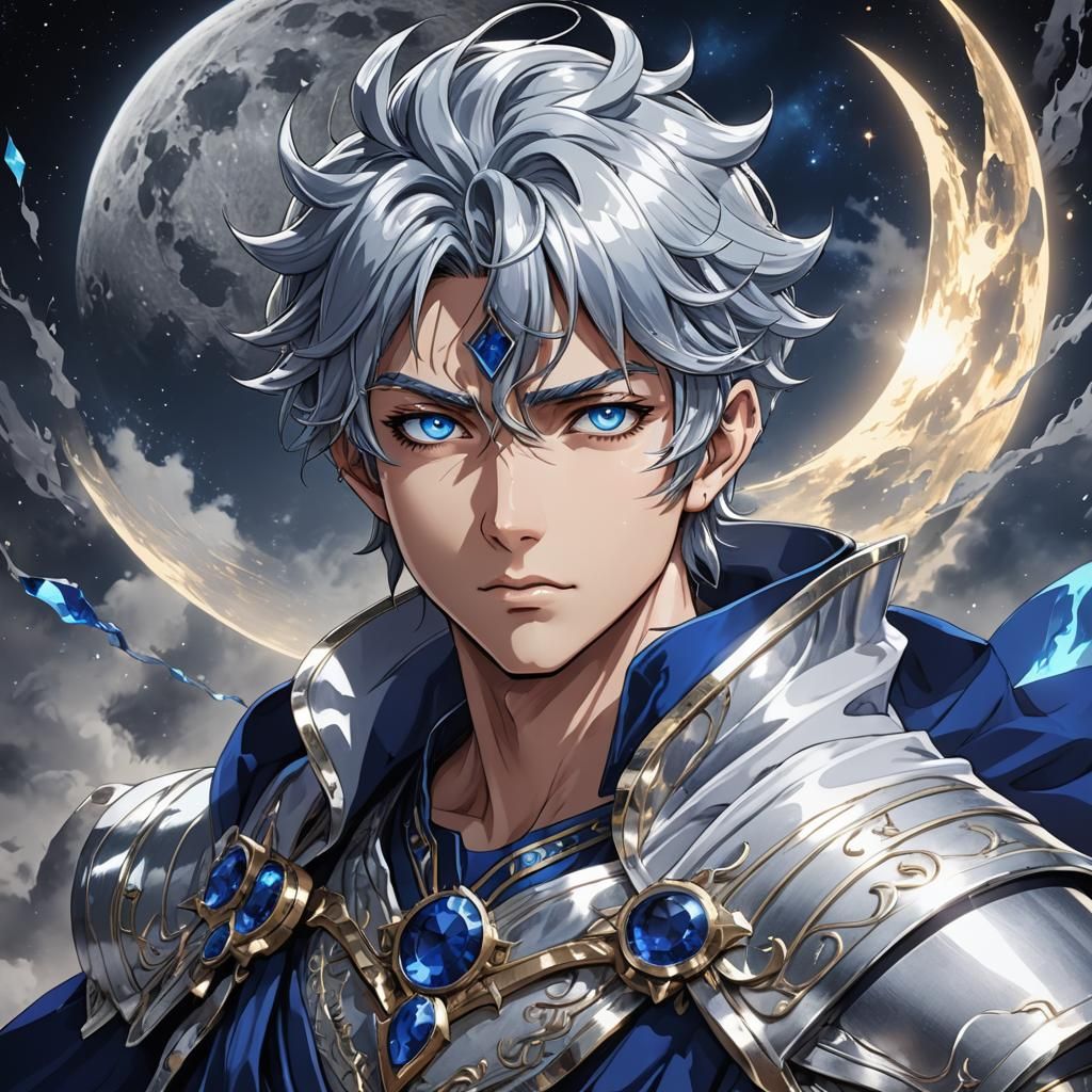 Silver-Haired Moon Sorcerer in Cel-Shaded Anime Style