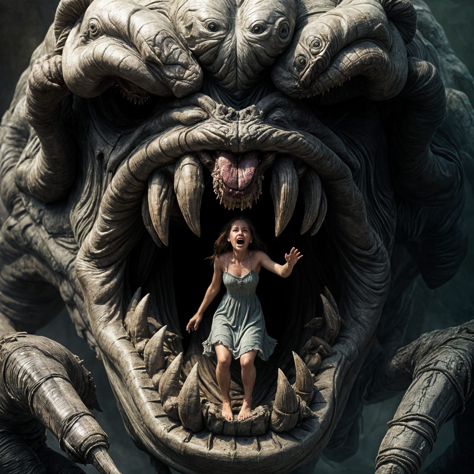 Gigantic Beast Devours Terrified Woman in Tattered Dress