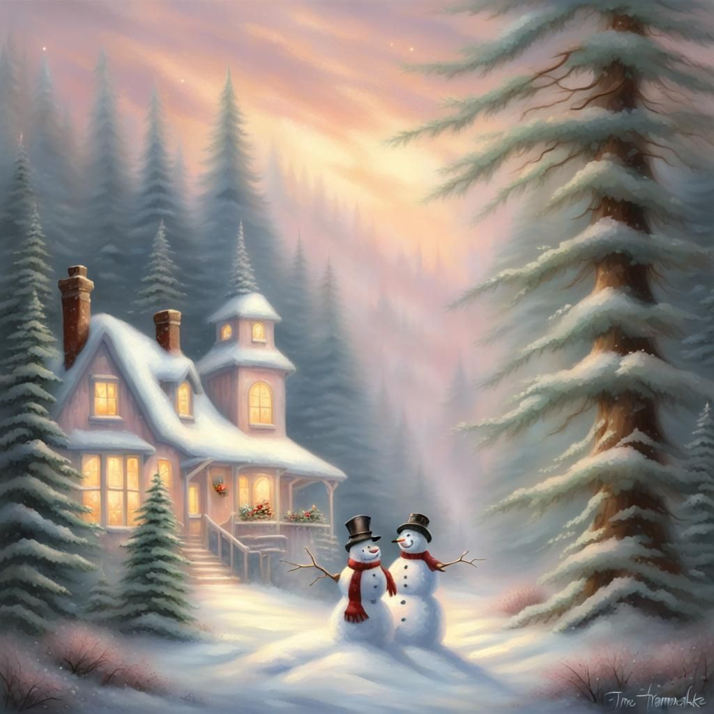 Snowman Couple in Ethereal Winter Forest