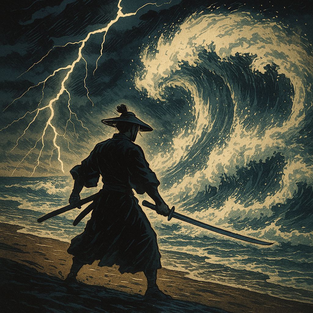 Samurai Warrior Confronts Colossal Wave: Japanese Woodblock ...