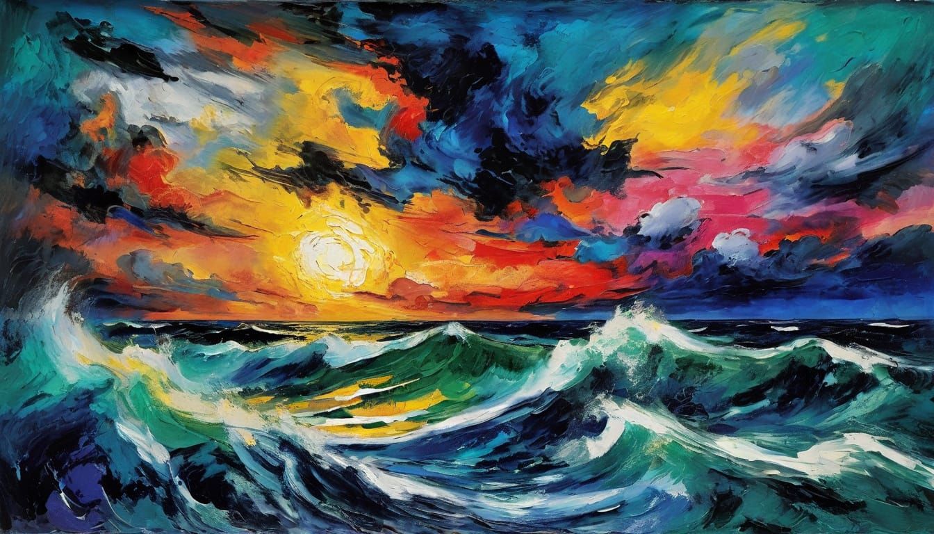 Expressionist Ocean Sunset Seascape with Stormy Skies