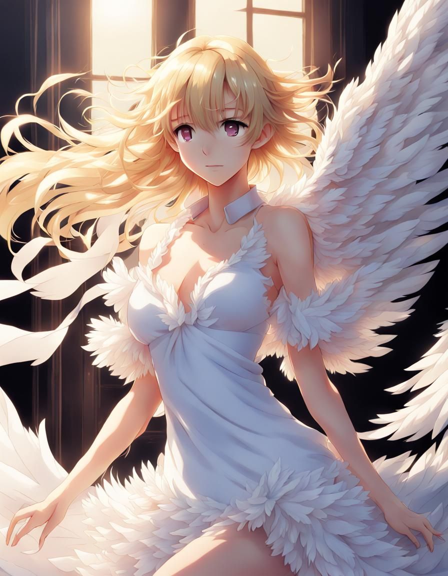 Anime Angel with Feathered Wings in Acrylic Style
