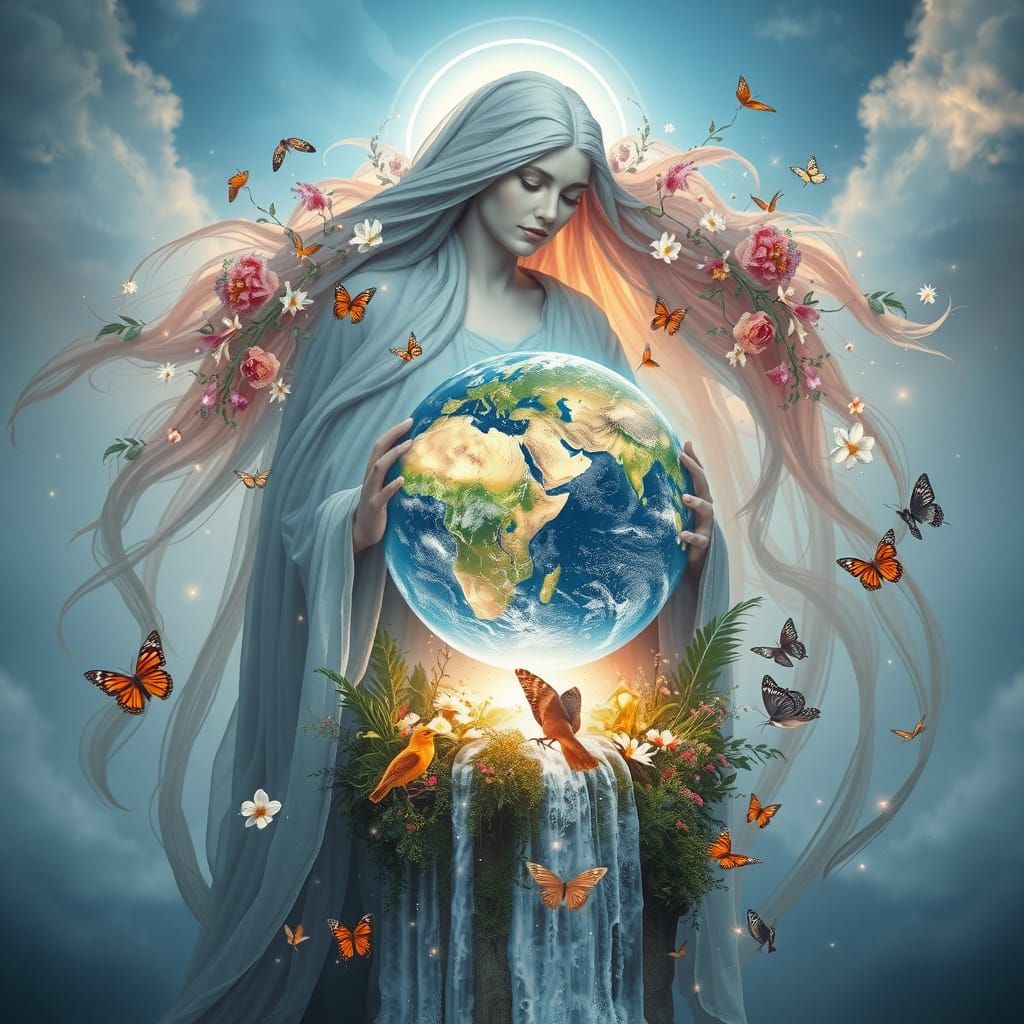 Ethereal Mother Earth Cradles the Planet in Digital Art