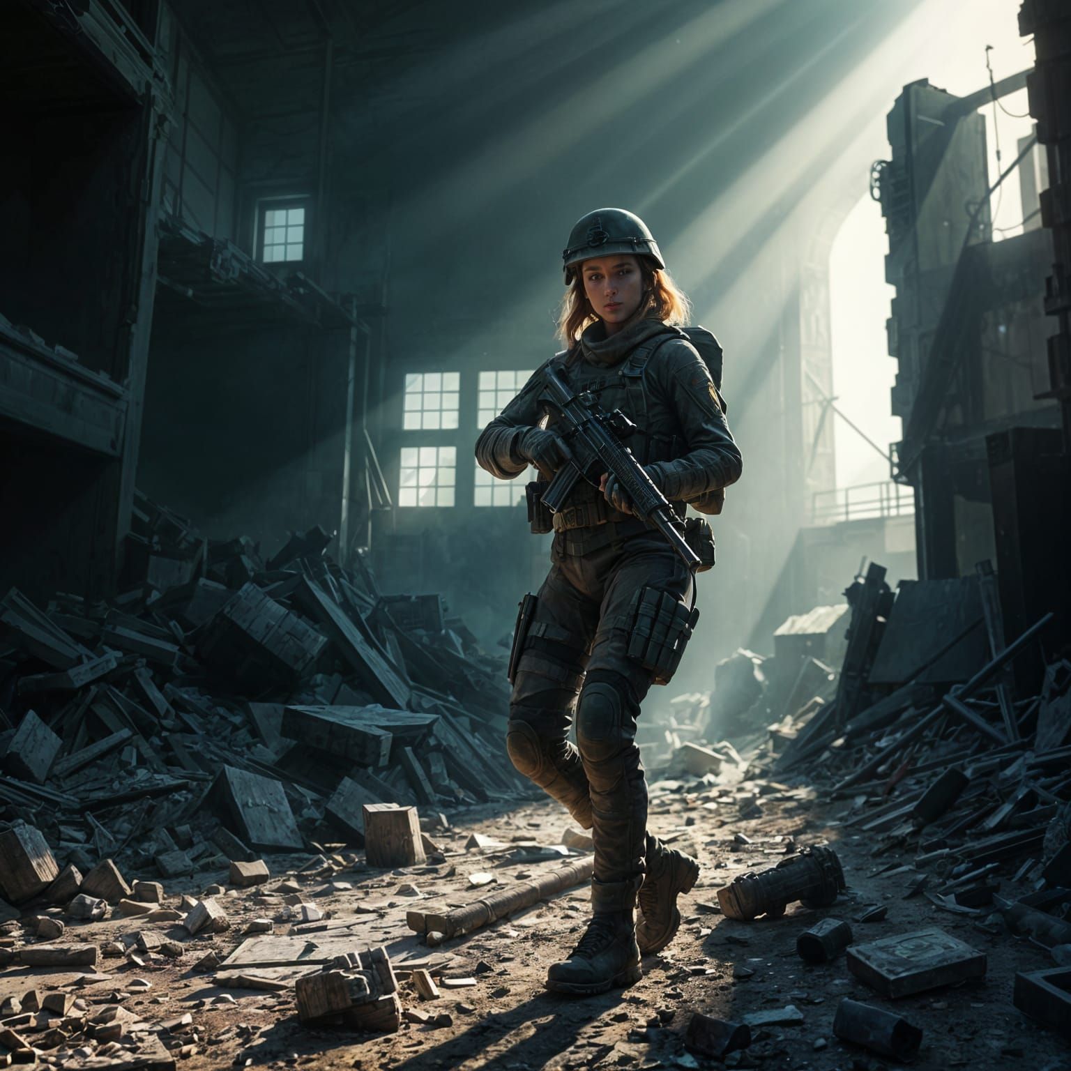 female soldier with AR15 rifle, combat zone, creative use of light and shadows