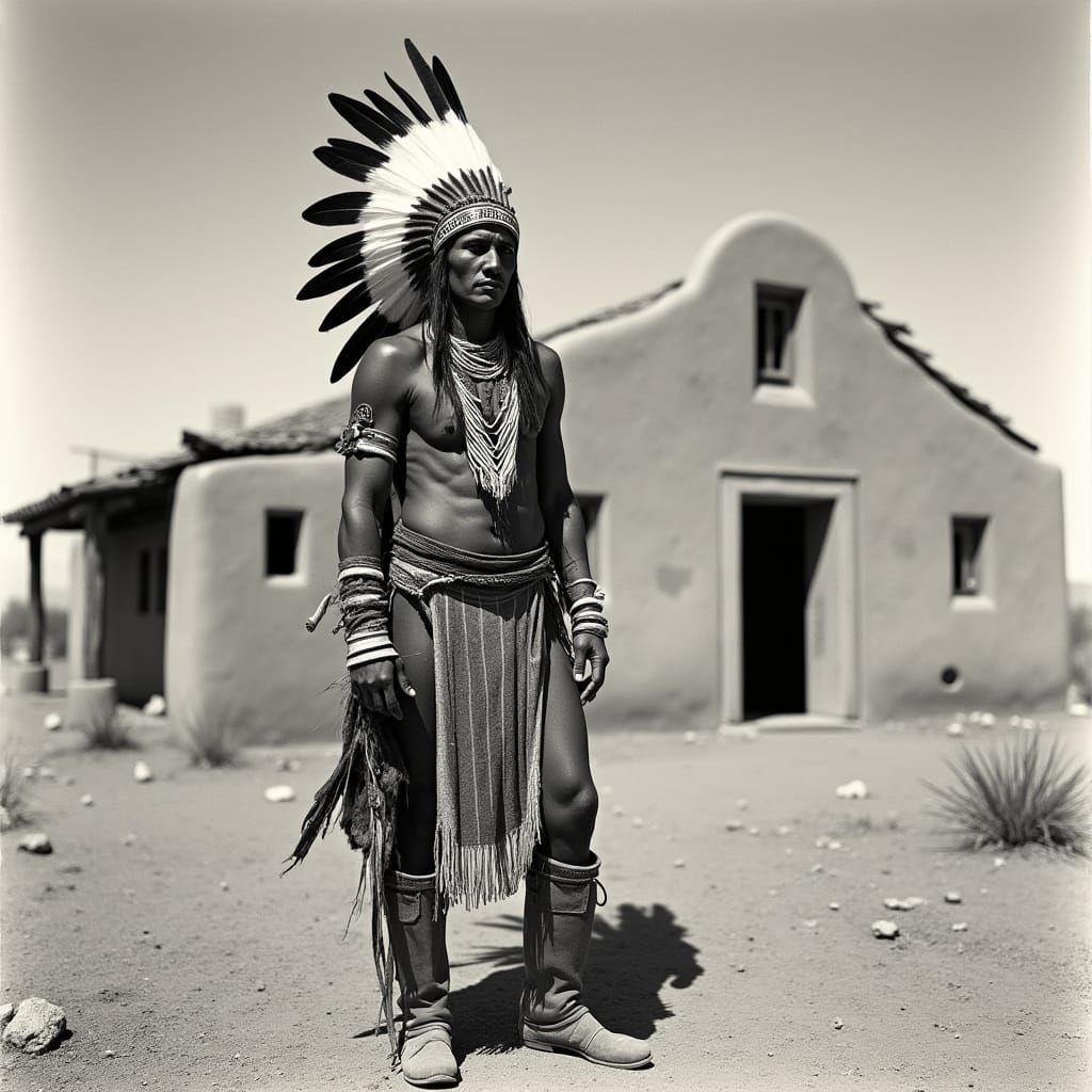 Proud Native American Warrior in Desert Adobe House