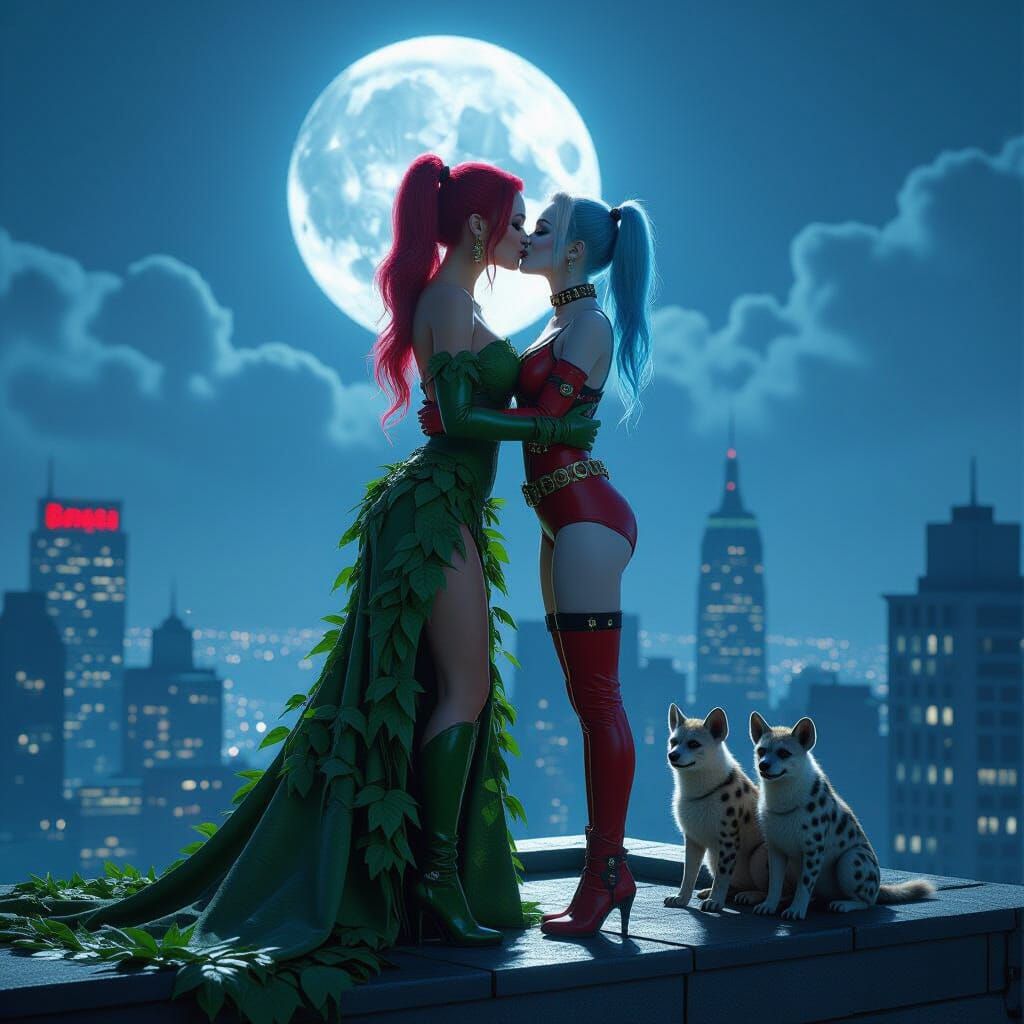 Poison Ivy and Harley Quinn Kiss on Rooftop