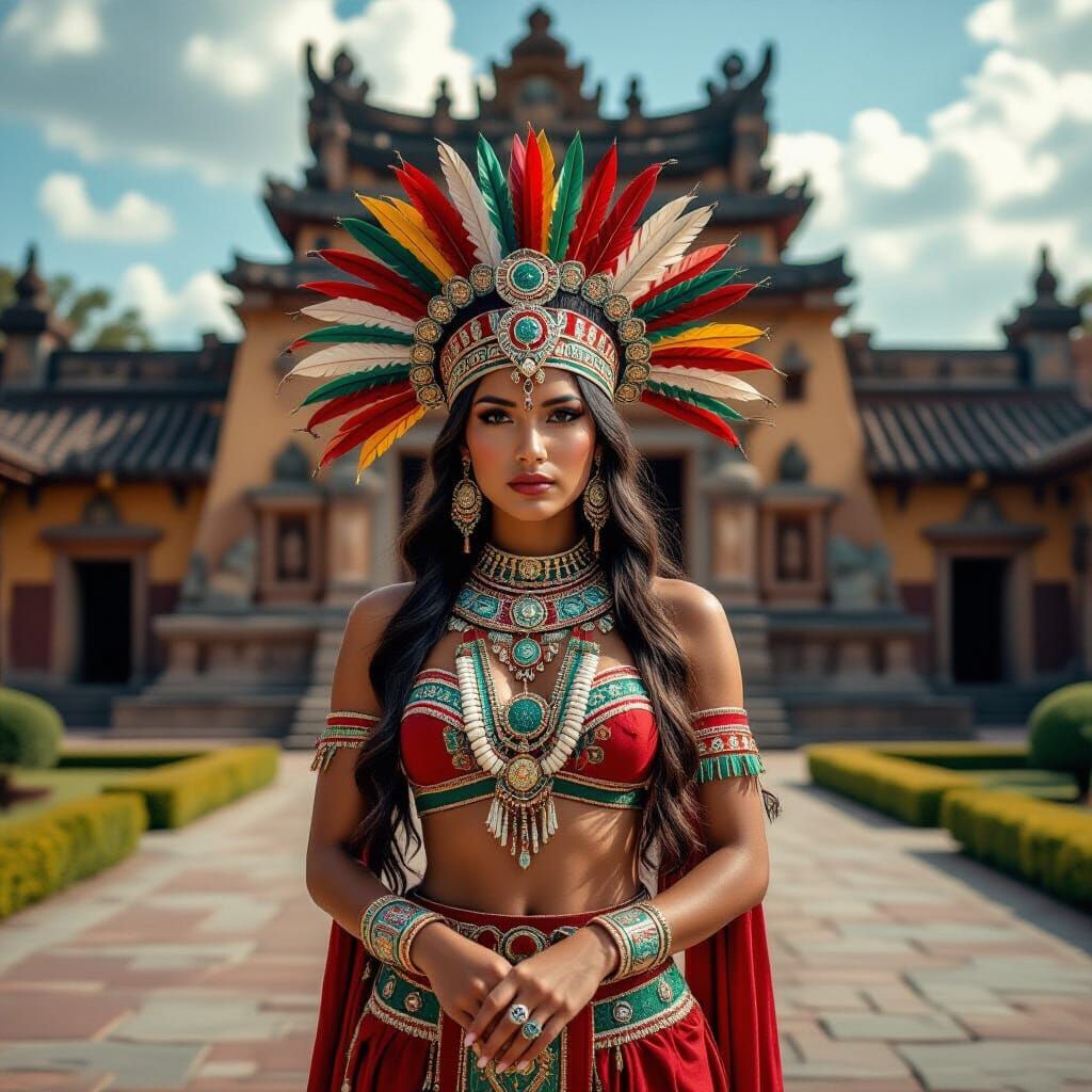 Aztec Princess Before Temple in Deep Colors