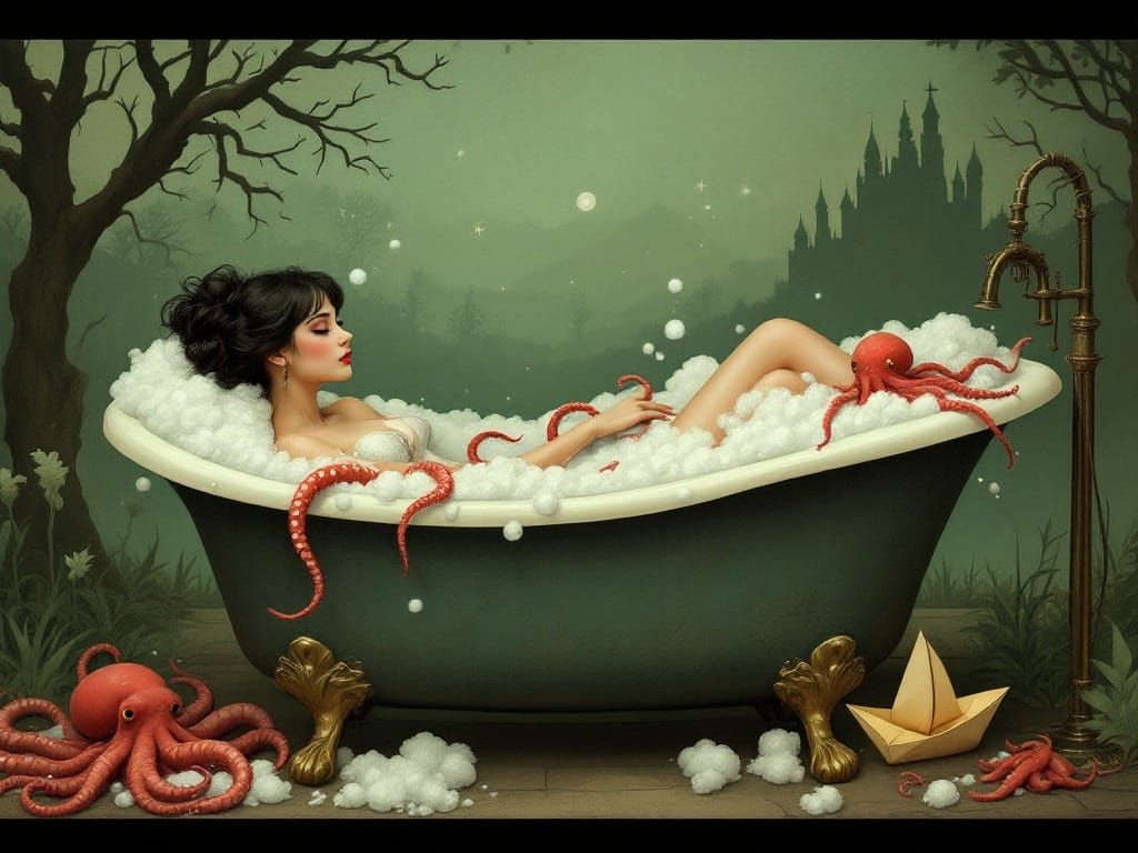Woman, Octopus, and Boat in Surreal Fairytale Scene