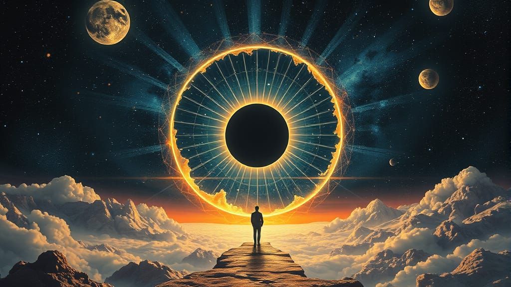 Cosmic Astral Eclipse in Vibrant Holographic Style