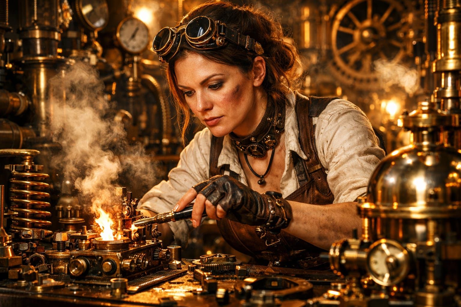 Steampunk Inventor Forging Future in Fiery Workshop