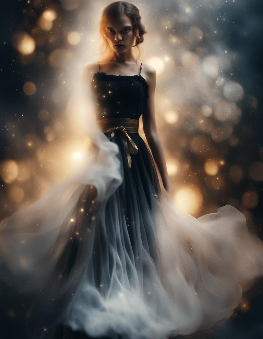 Mystical Girl in Black Dress with Flowing Skirt