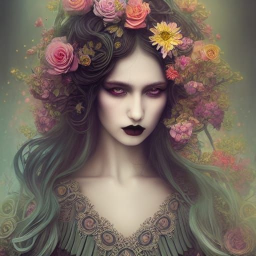 Gothic Girl in Rainbow Gown, Hyper-Detailed Digital Art