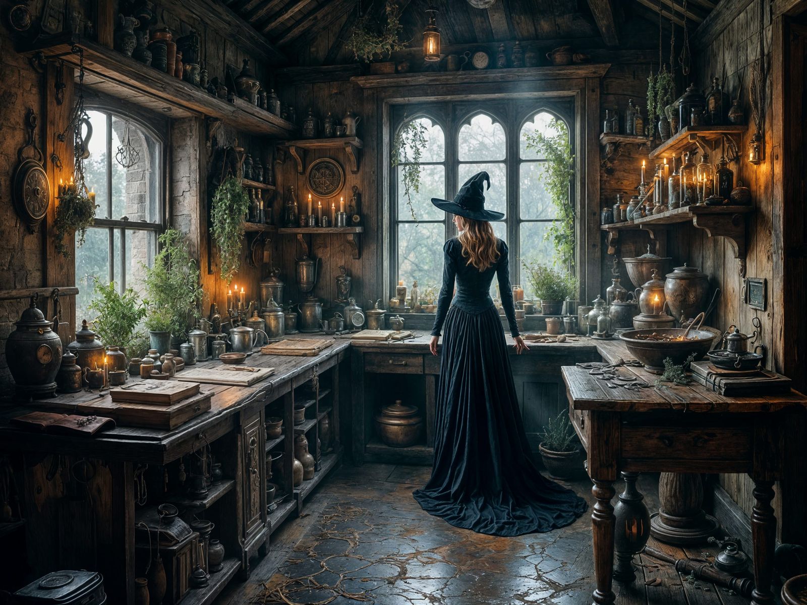Dimly Lit Witch's Kitchen With Bubbling Potions