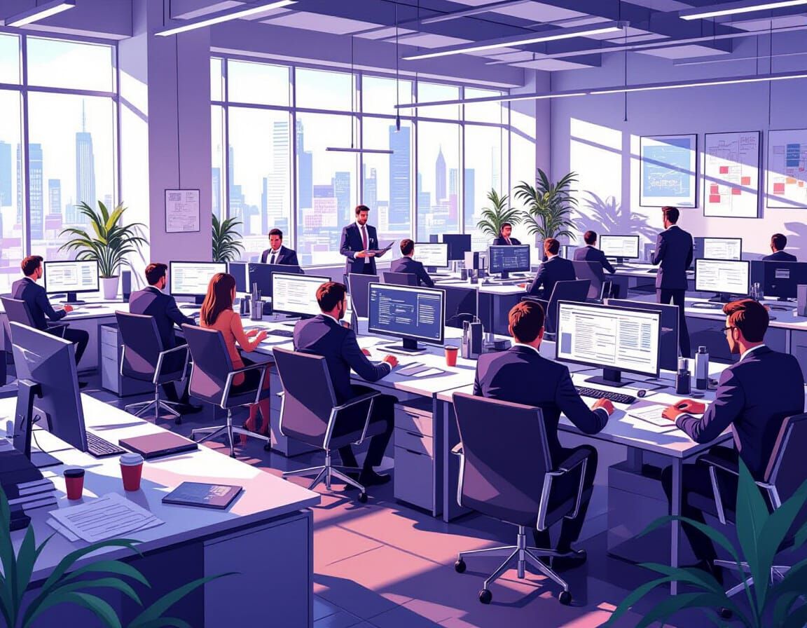 Busy Corporate Office Scene in Digital Art Style