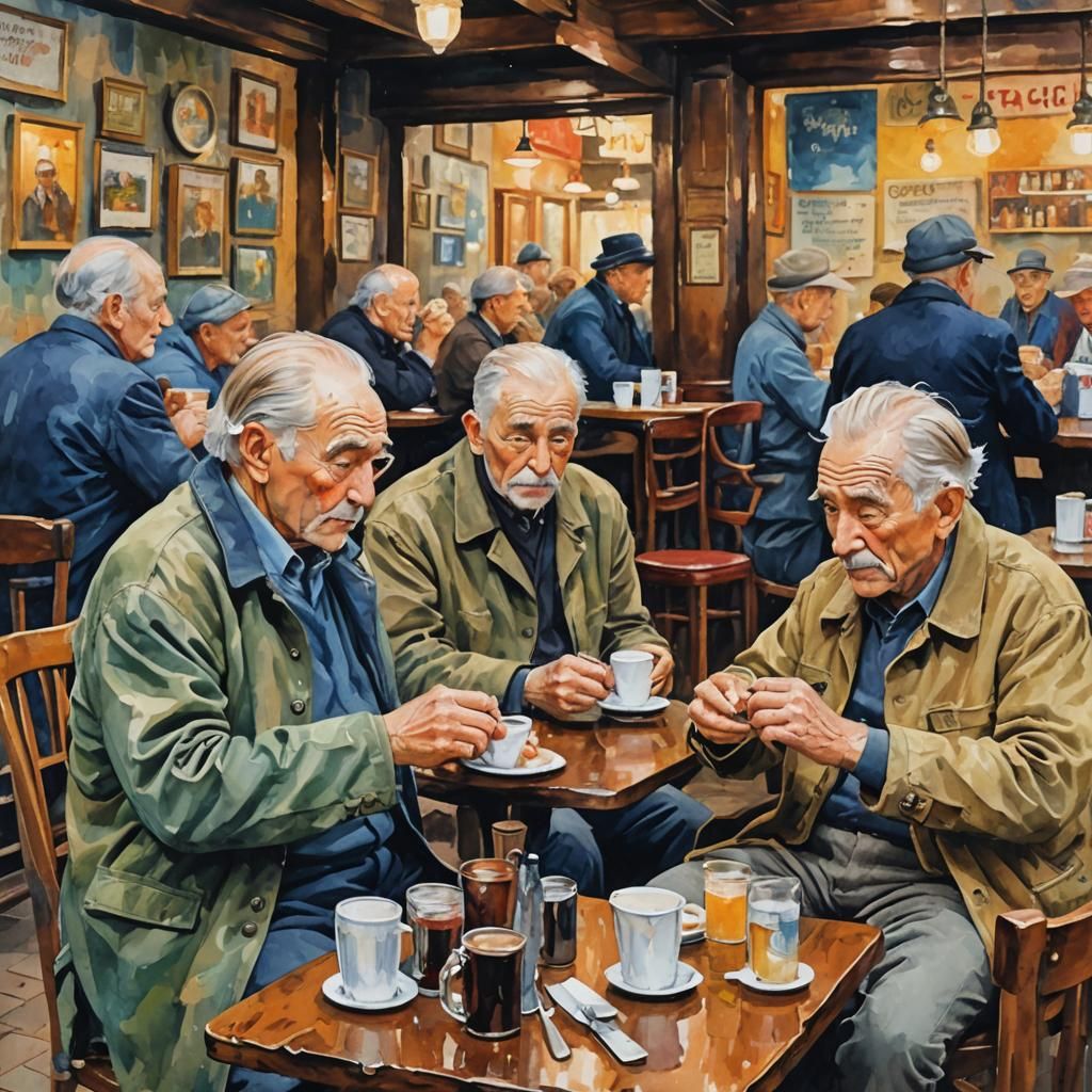 Old Men in Cafe, Gouache Watercolor Style