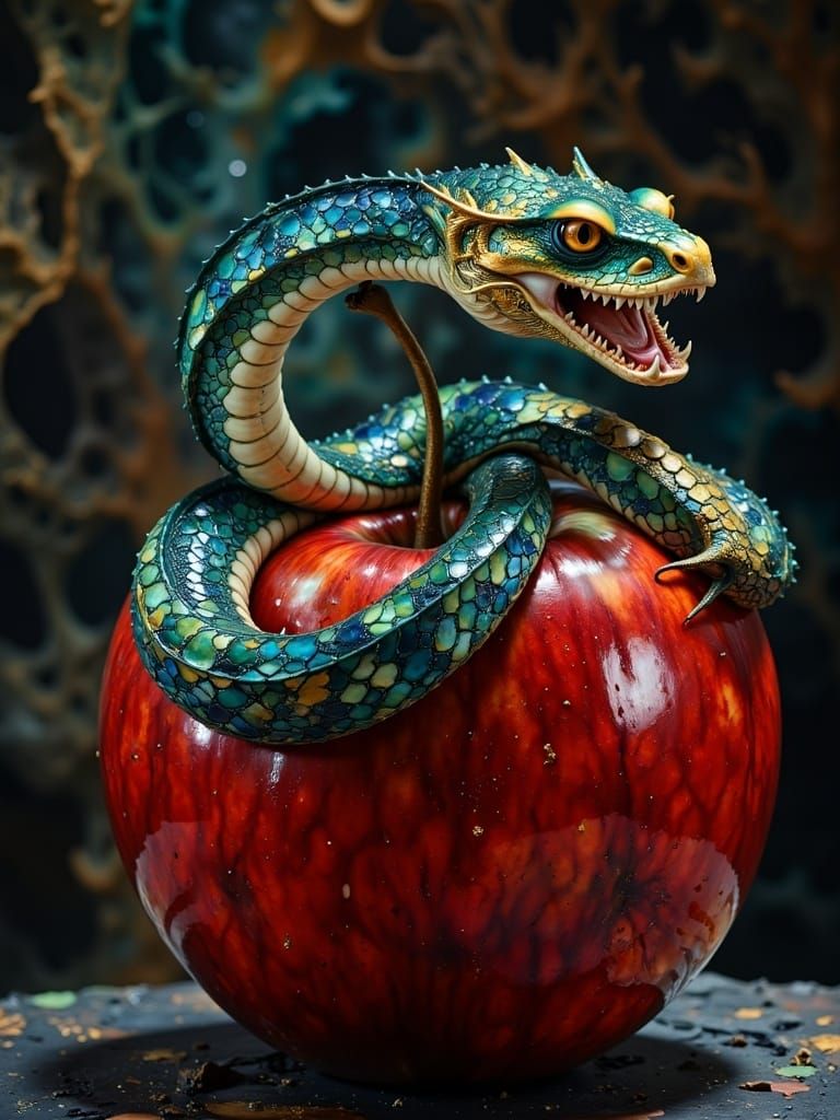 Serpent Emerges from Apple: Cinematic Film Still