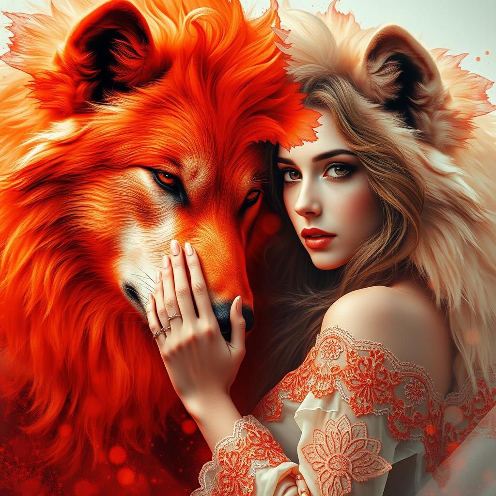 Woman and Wolf in Crimson Hues, Digital Watercolour