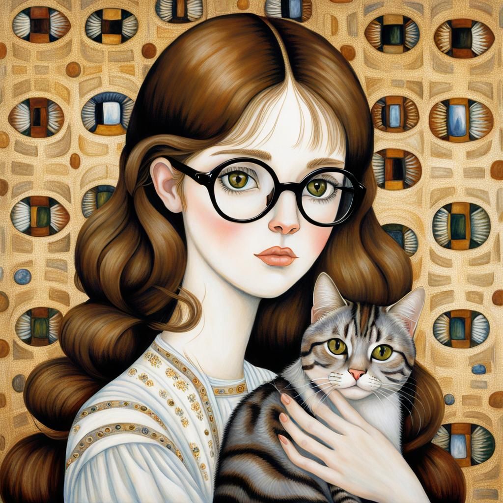 Girl with Cat in Keane, Klimt, Botticelli Style