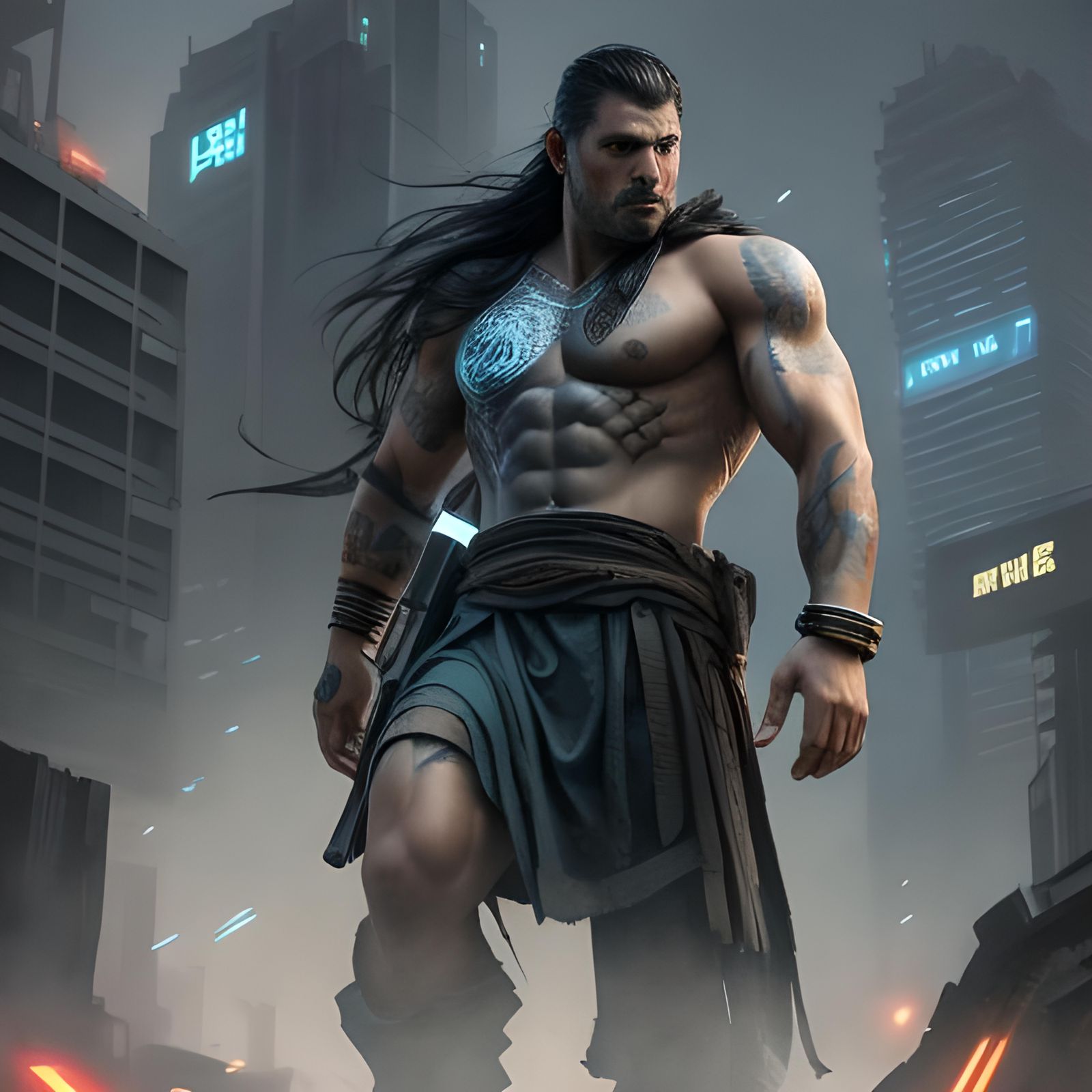 fullbody 26 year old man, long black hair, ice blue eyes, tr...