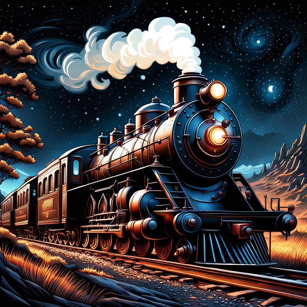Detailed Cartoon Steam Train Under Starry Sky