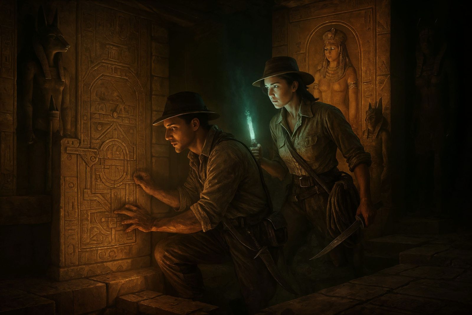 Adventurers in Cleopatra's Pyramid Chamber: A Digital Artwor...