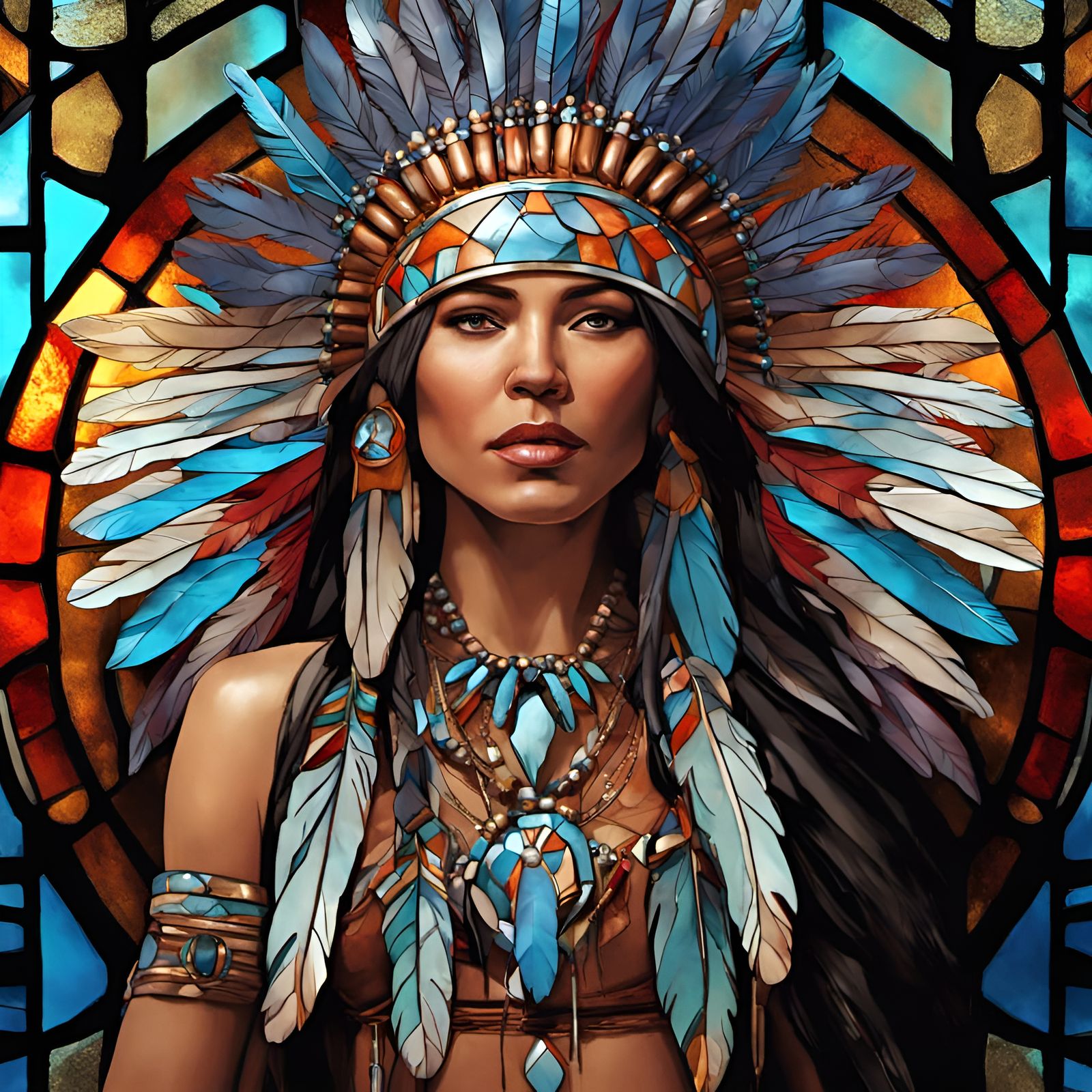 Stained Glass Native American Woman in Art Deco Style