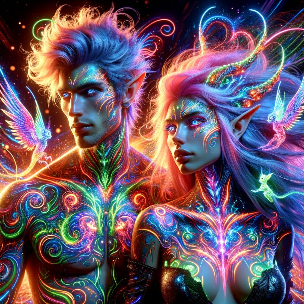 Regal High Elves Radiate Neon in Futuristic Fantasy Scene