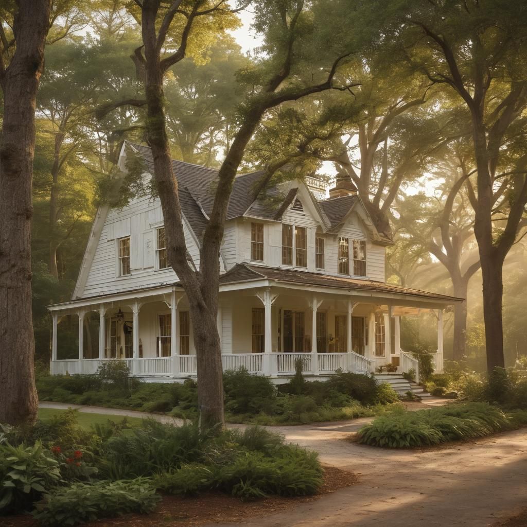 Rustic White House in Woods at Golden Hour