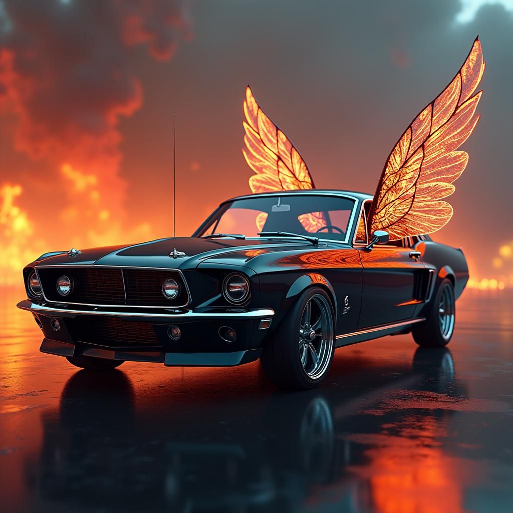 1967 Mustang with Fairy Wings in Photorealistic Style