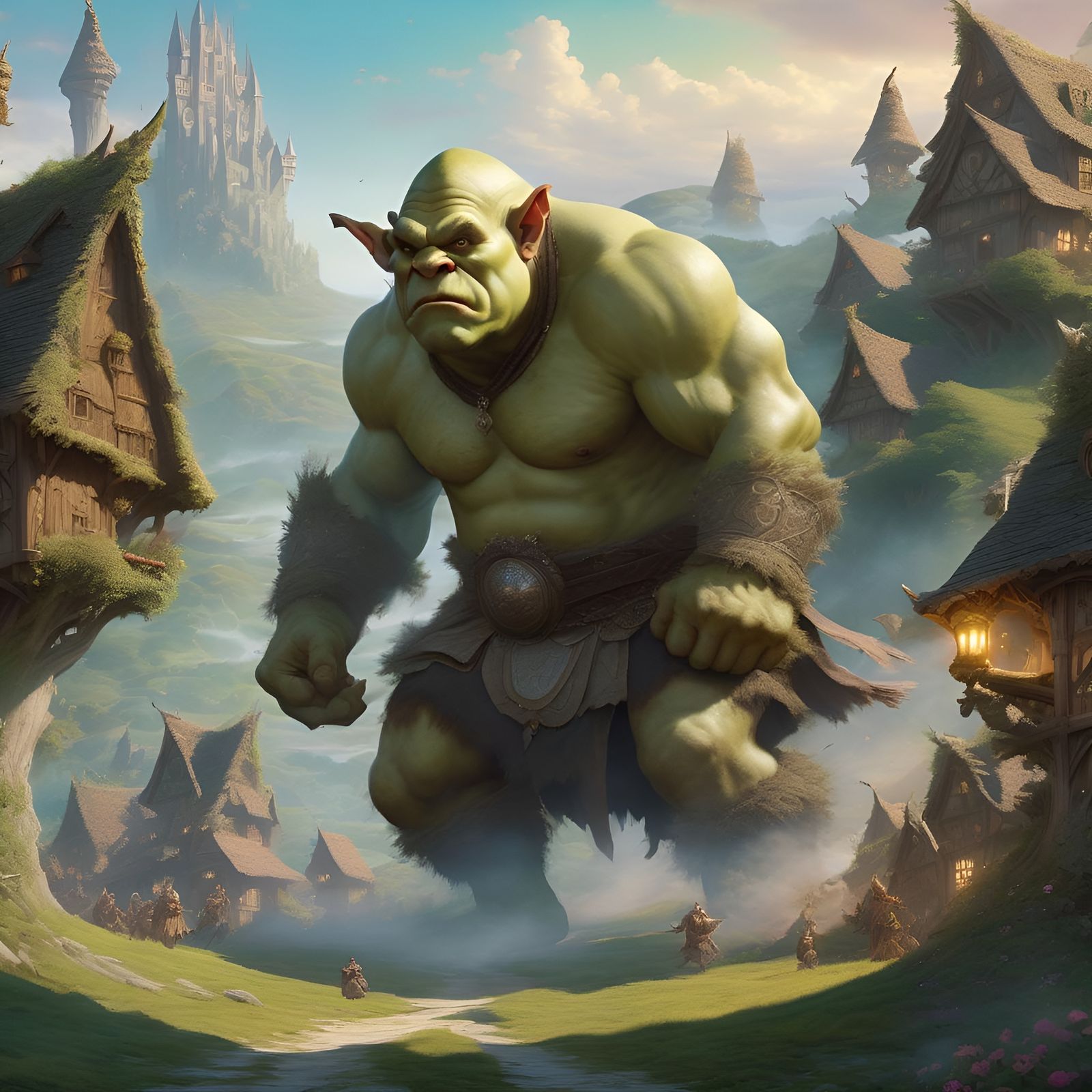 Ogre Attacks Fairy Village in Ethereal Pastel Art