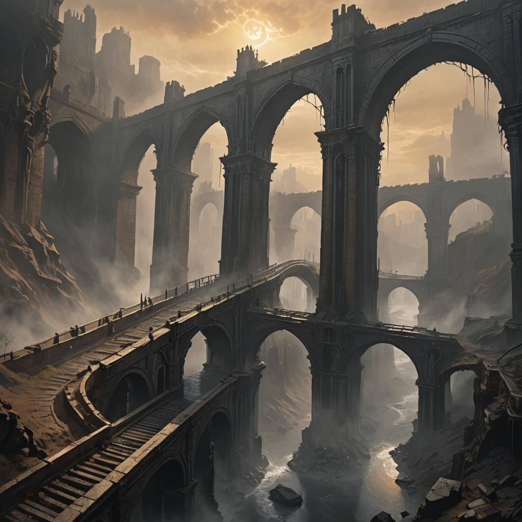 Gothic Horror Aqueduct Concept Art in a Dark Landscape