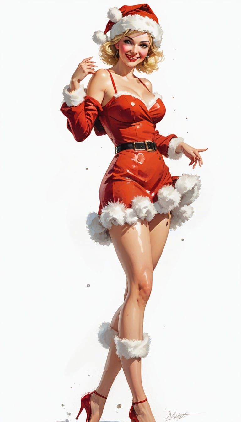 Voluptuous Santa Woman Reveals Her Figure in a Low Angle Oil...