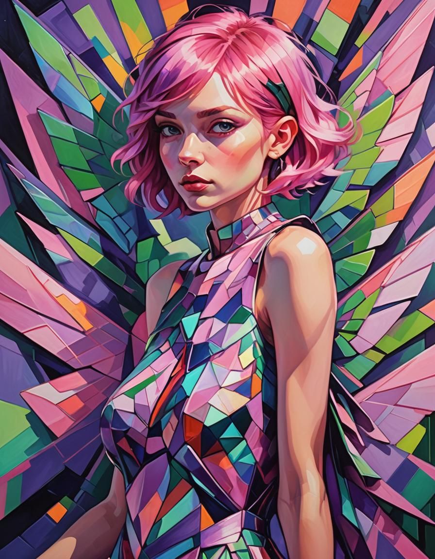 Geometric Fauvist Fairy Portrait with Neon Accents