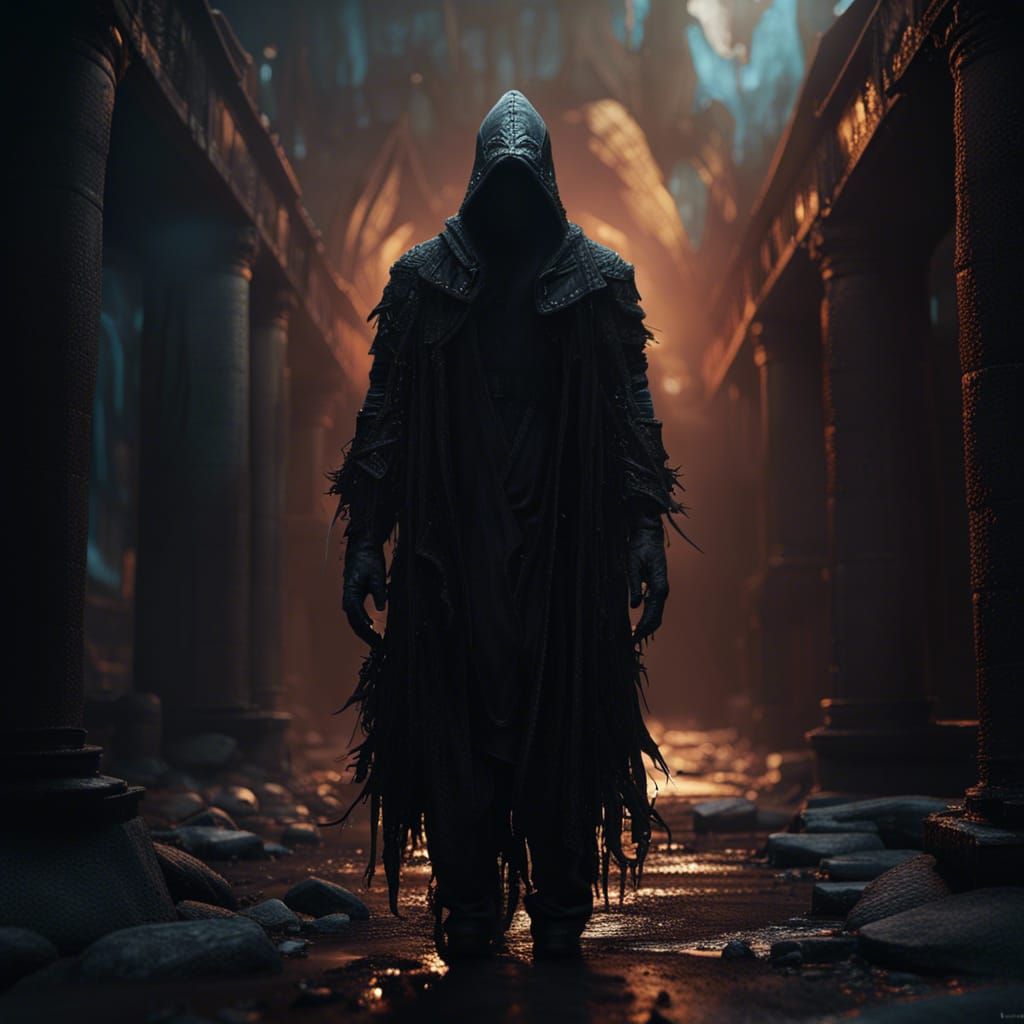 Faceless Man in Black Hood: Detailed Matte Painting