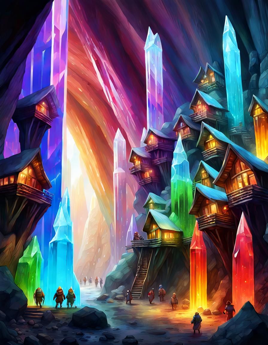 Dwarven Village in Crystalline Cave, Digital Illustration