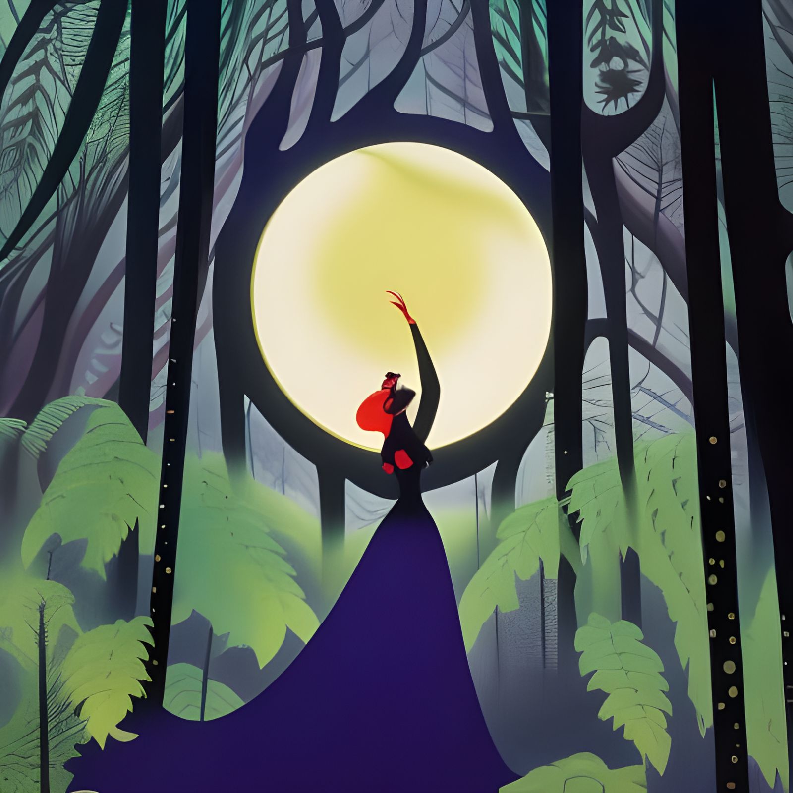 Romantic Moonlit Forest Drive in Silhouette Animation Style