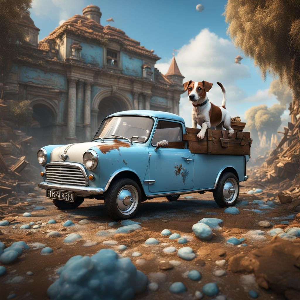 Jack Russell Drives Vintage Powder Blue Mini Truck