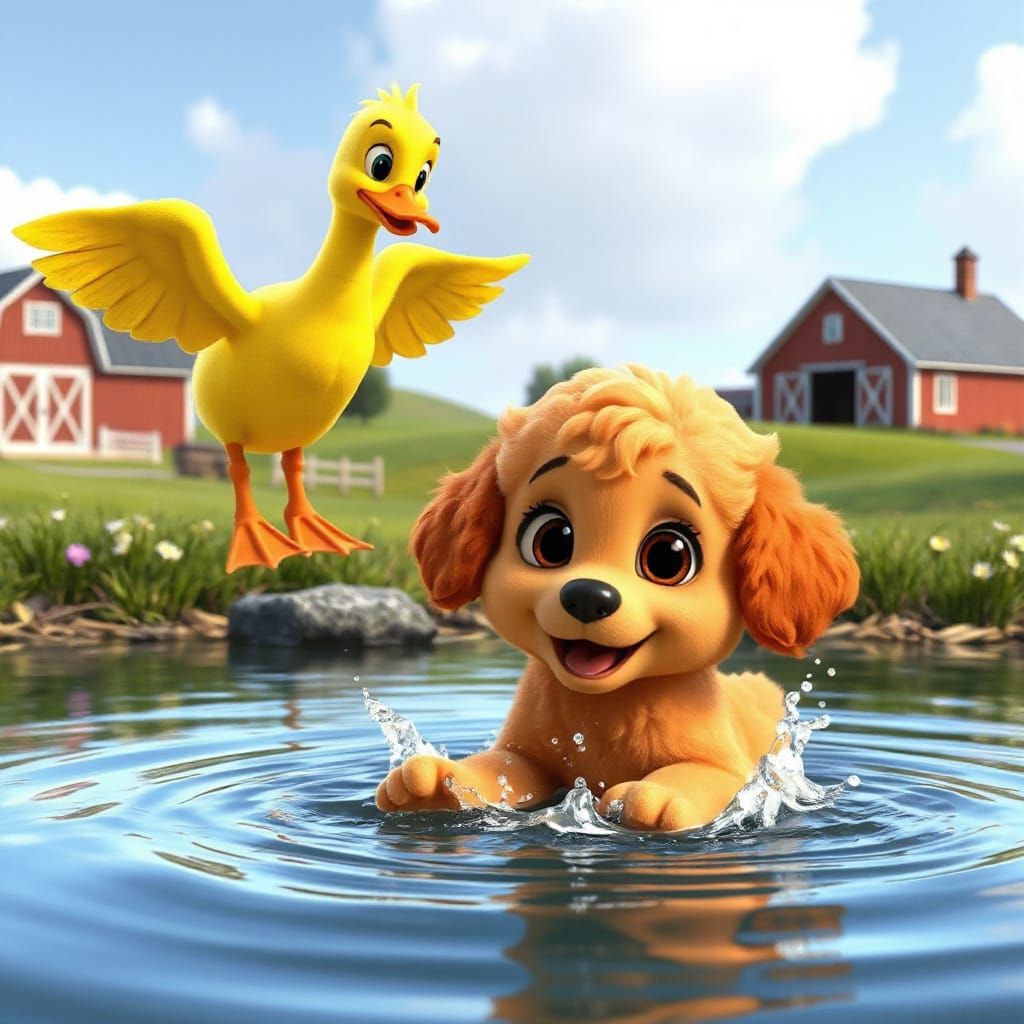 Fluffy Orange Puppy Splashing with Duck in 3D Animated Scene