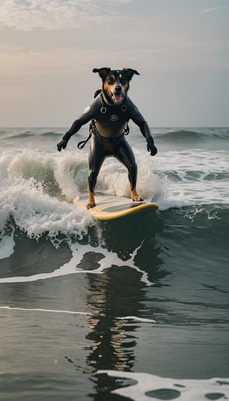 Dog Surfing a Wave in Diver's Suit