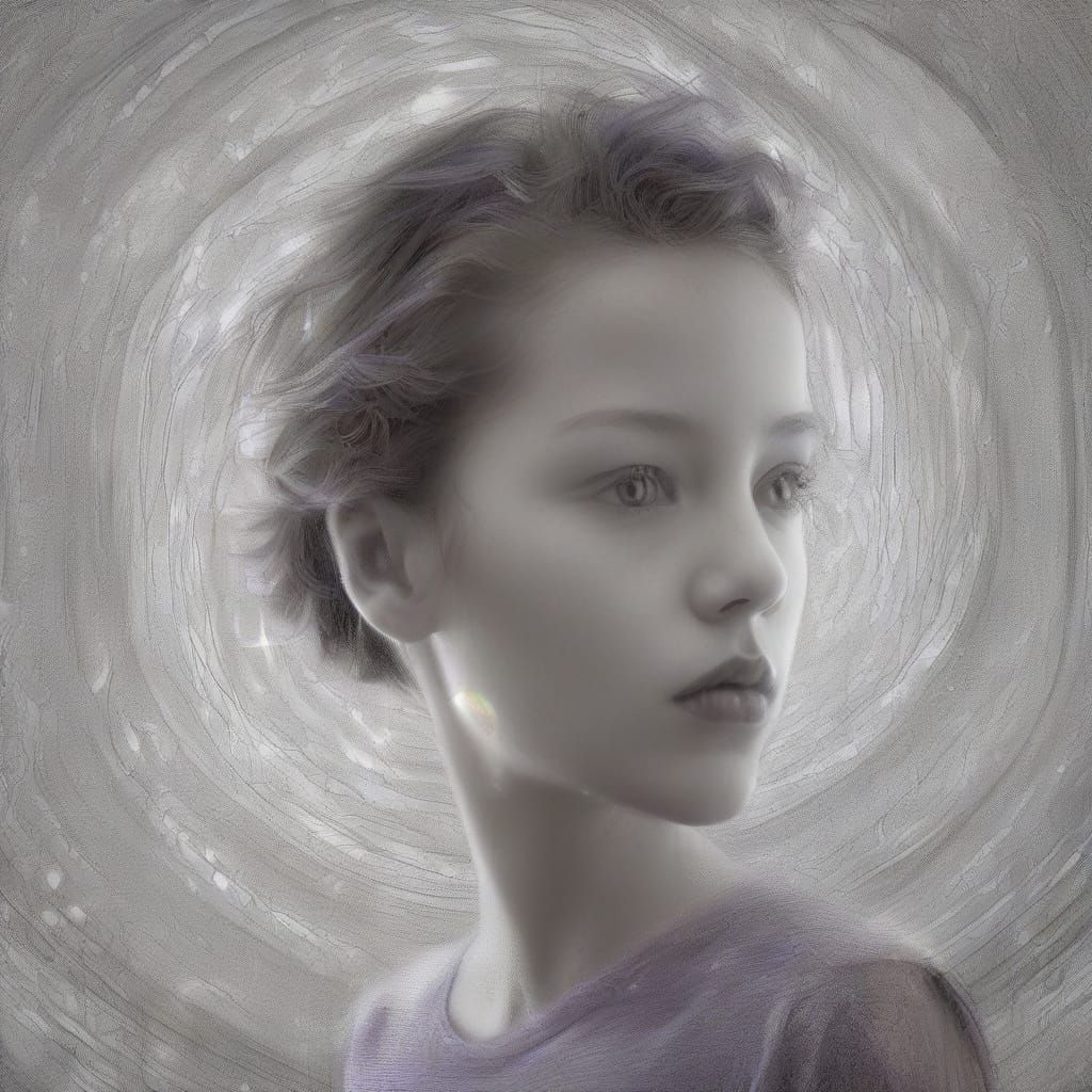 Pencil Drawing of Girl's Spiritual Awakening with Light Patt...