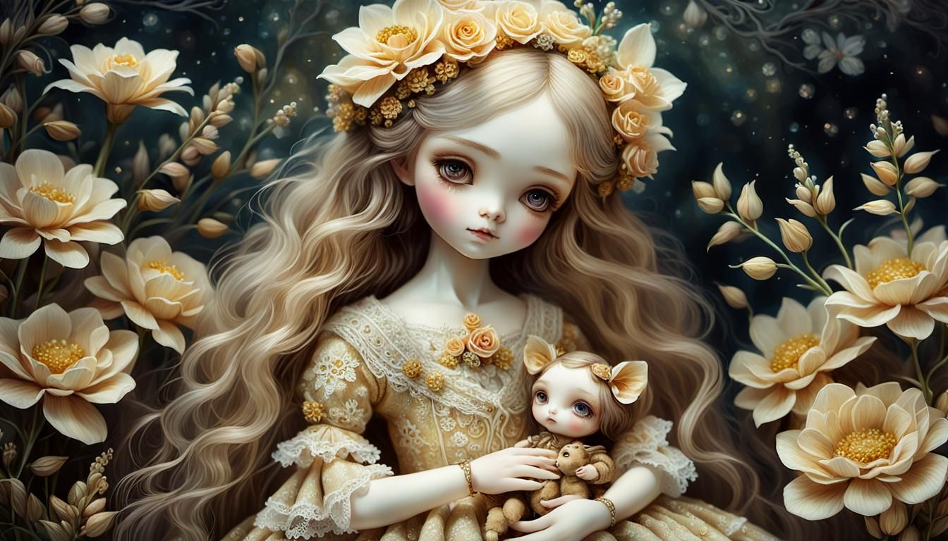 Whimsical Doll with Creature in Eerie Floral Setting
