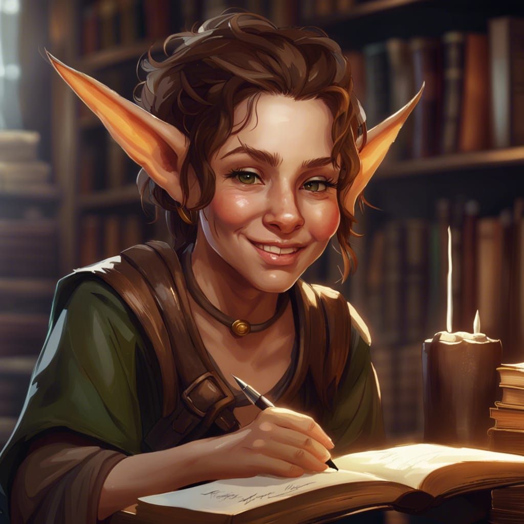 Halfling Woman Portrait in Library, Detailed Fantasy Art