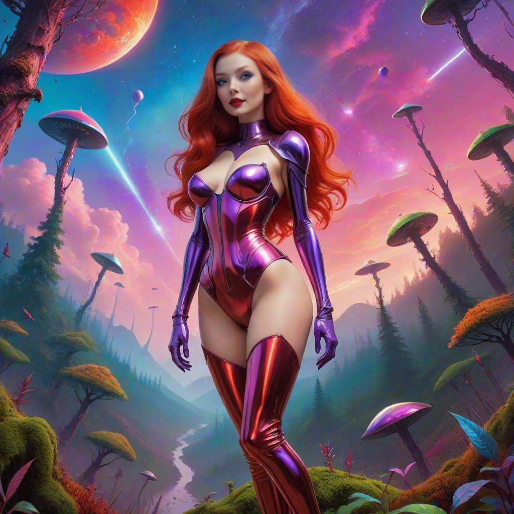 Glowing Alien Goddess Discovers Vibrant Cosmic Realm