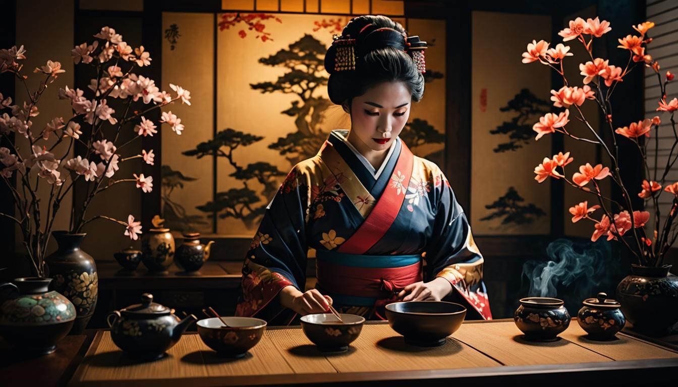 Geisha Tea Ceremony in Photorealistic Tonalism Style